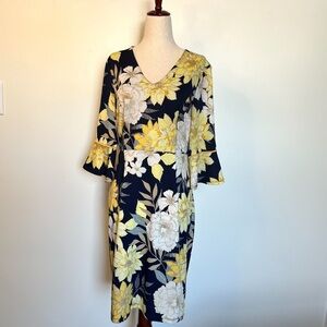 Floral Midi Navy Yellow Bell Sleeves Dress Enfocus Studio V-Neck Size 6